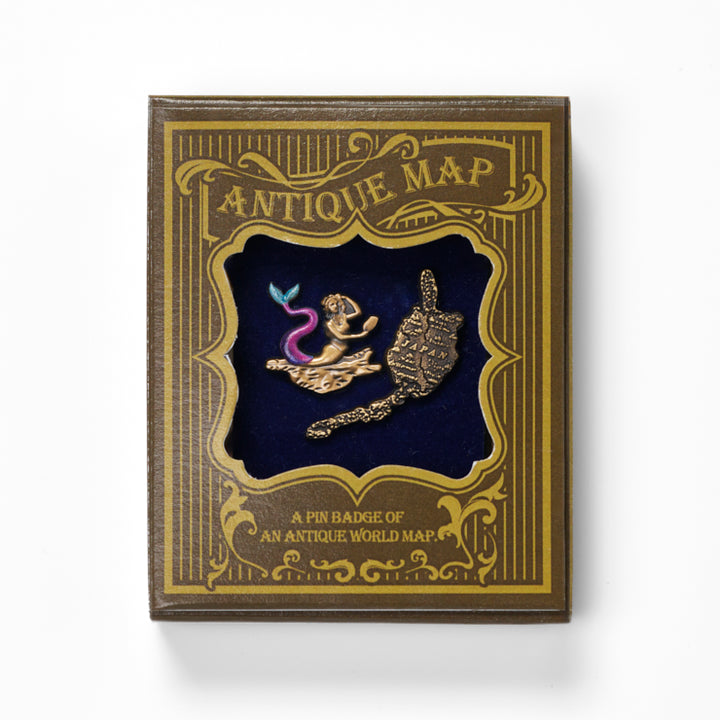 古地図ピンバッジ(2種)/日本図・人魚/東インド図(1570年)