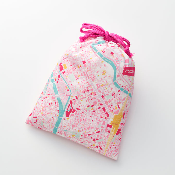 セブチ　大巾着袋　ピンク 街まち】巾着(大)/博多｜地図グッズ｜Map Design GALLERY